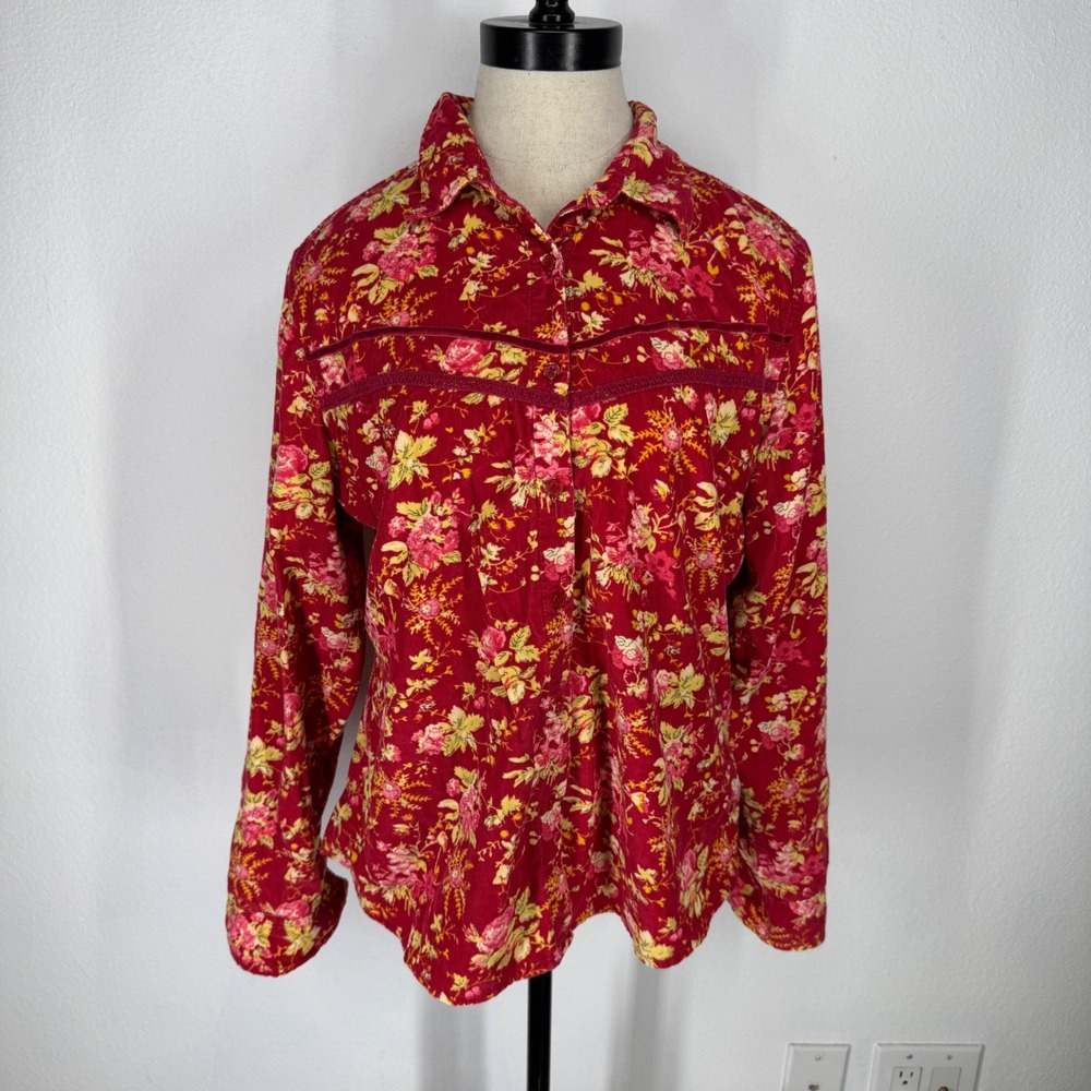 Vintage Floral Corduroy‎ Button Shirt Womens Velvet Lace Trim Medium Cottagecore